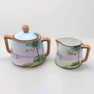 Antique Nippon Hand-Painted Porcelain Sugar Bowl & Creamer Set - Lake Scene